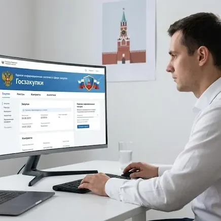 Мужчина в белой рубашке сидит за рабочим столом и работает за компьютером, на экране которого открыт сайт госзакупок, рядом лежит ноутбук.